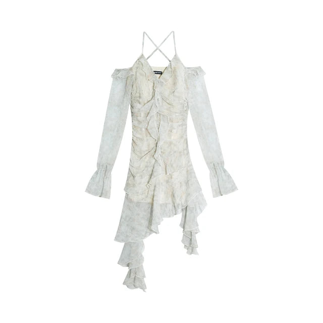 Vestido corto irregular con volantes Y2K para mujer, novedad de verano, con mangas acampanadas y efecto tie-dye, elegante vestido de fiesta de primavera, vestido de graduación, vestido con cuello halter