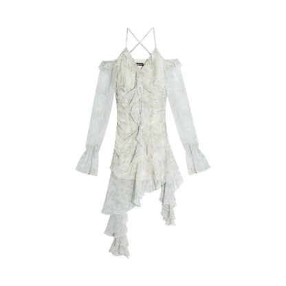 Vestido corto irregular con volantes Y2K para mujer, novedad de verano, con mangas acampanadas y efecto tie-dye, elegante vestido de fiesta de primavera, vestido de graduación, vestido con cuello halter