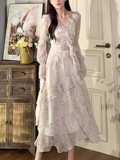 Vestido corto irregular con volantes Y2K para mujer, novedad de verano, con mangas acampanadas y efecto tie-dye, elegante vestido de fiesta de primavera, vestido de graduación, vestido con cuello halter