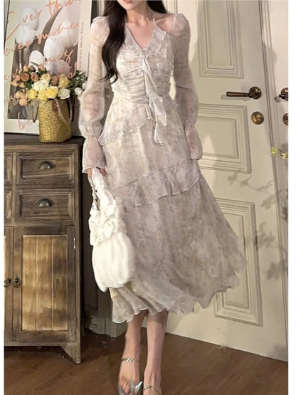 Vestido corto irregular con volantes Y2K para mujer, novedad de verano, con mangas acampanadas y efecto tie-dye, elegante vestido de fiesta de primavera, vestido de graduación, vestido con cuello halter