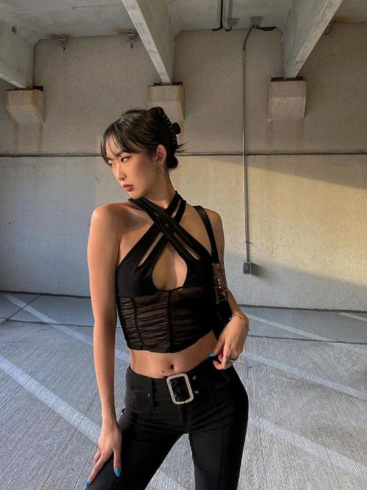 Camisola sexy Y2K con cuello halter y abertura para mujer, sin mangas, fruncida, de malla con retazos, ropa de club, chaleco liso a la moda