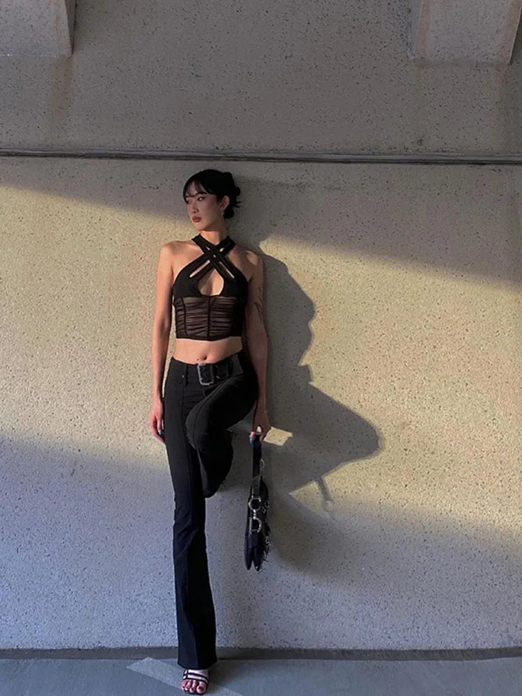 Camisola sexy Y2K con cuello halter y abertura para mujer, sin mangas, fruncida, de malla con retazos, ropa de club, chaleco liso a la moda