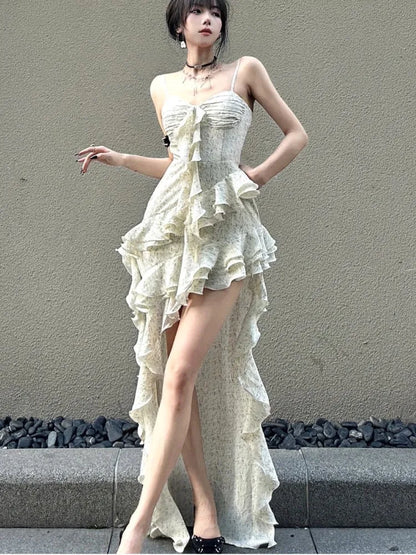 Vestido irregular con tirantes finos Y2K para mujer, vestido de fiesta ajustado con volantes en capas y sexy para primavera, vestido de graduación y boda