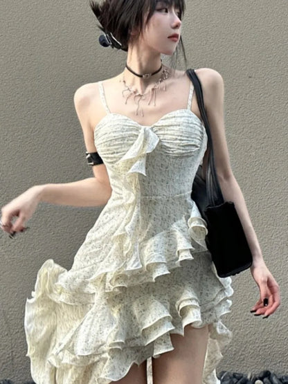 Vestido irregular con tirantes finos Y2K para mujer, vestido de fiesta ajustado con volantes en capas y sexy para primavera, vestido de graduación y boda