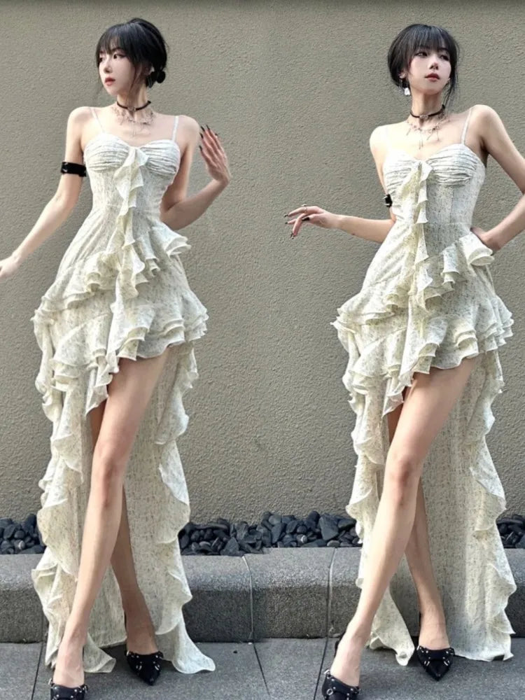Vestido irregular con tirantes finos Y2K para mujer, vestido de fiesta ajustado con volantes en capas y sexy para primavera, vestido de graduación y boda