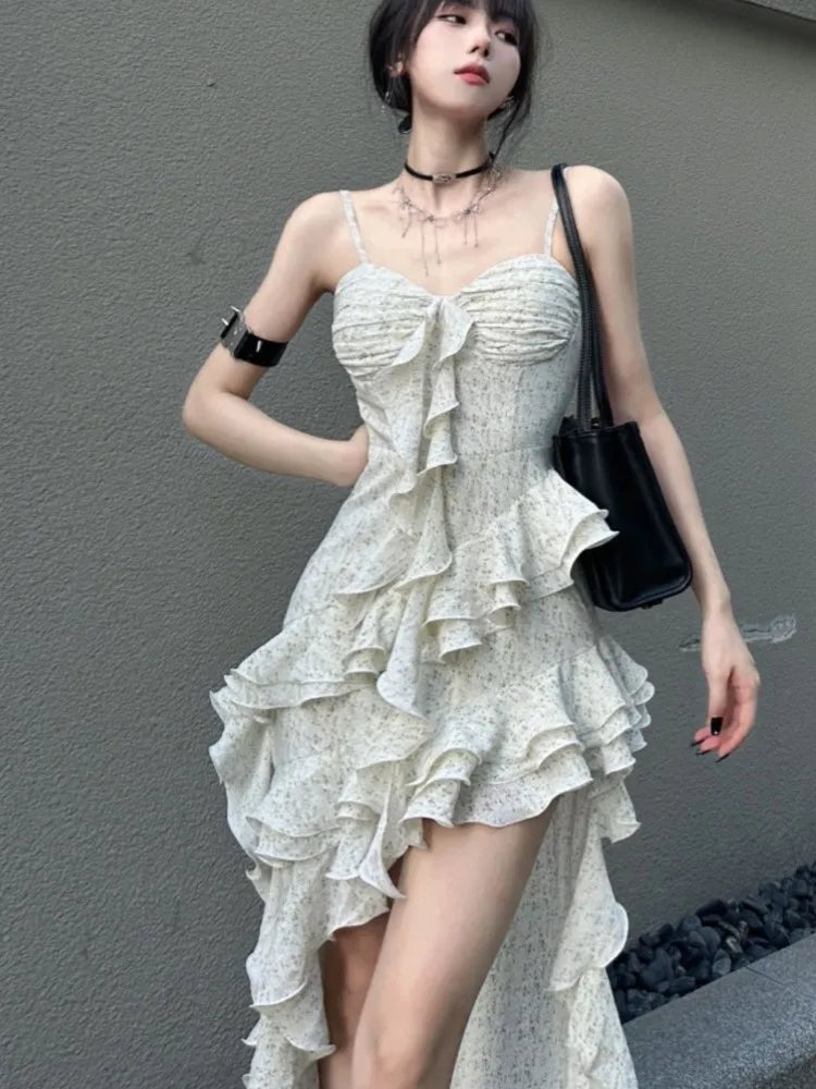 Vestido irregular con tirantes finos Y2K para mujer, vestido de fiesta ajustado con volantes en capas y sexy para primavera, vestido de graduación y boda