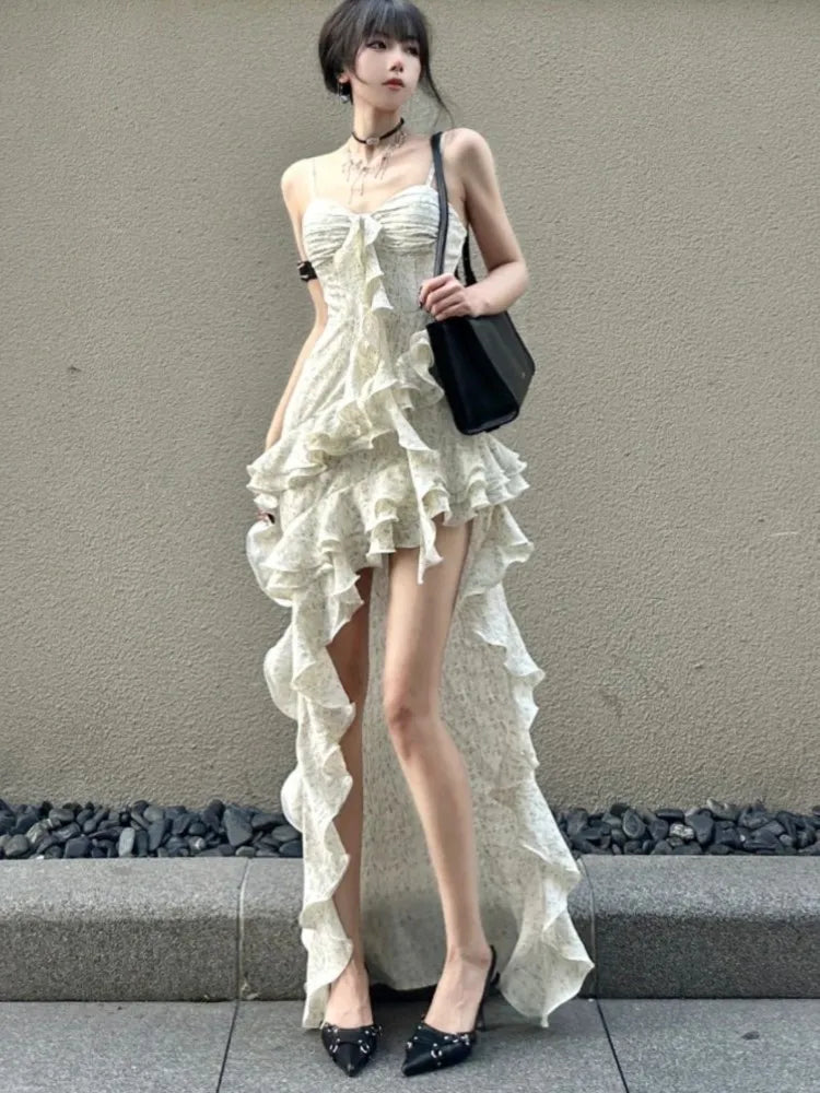 Vestido irregular con tirantes finos Y2K para mujer, vestido de fiesta ajustado con volantes en capas y sexy para primavera, vestido de graduación y boda