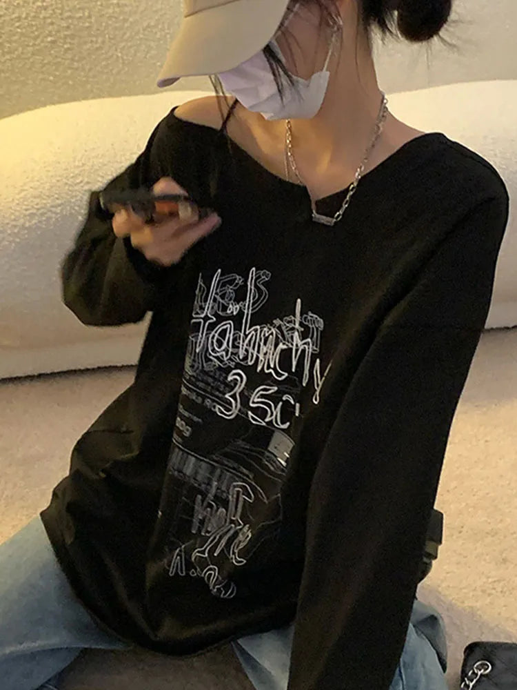 Y2K T-shirt Fairy Grunge 2025 Vintage Letter Print Tops Black Autumn Off Shoulder Long Sleeved Korean Tees Loose Harajuku Shirt