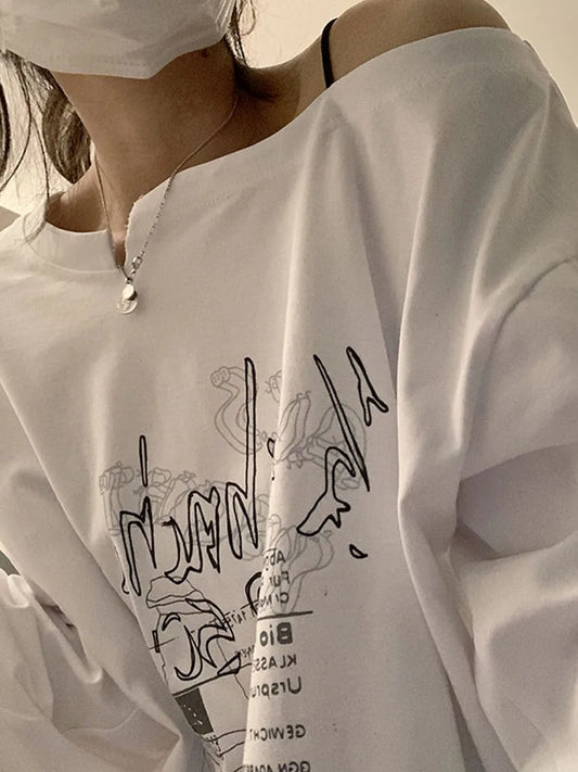 Y2K T-shirt Fairy Grunge 2025 Vintage Letter Print Tops Black Autumn Off Shoulder Long Sleeved Korean Tees Loose Harajuku Shirt