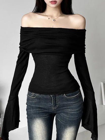 Y2k Aesthetic Simple Fashion Women’s Tee Shirts Slash Neck Long Sleeve Solid Casual T-Shirts Vintage Off Shoulder Trendy Tshirts