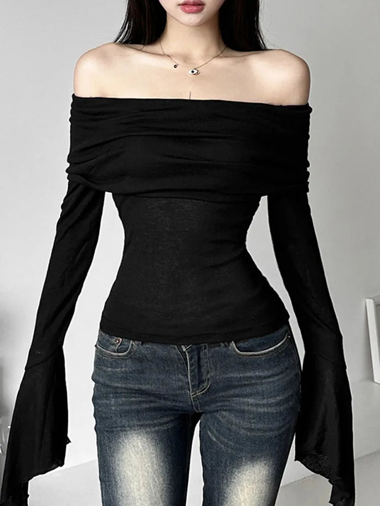 Y2k Aesthetic Simple Fashion Women’s Tee Shirts Slash Neck Long Sleeve Solid Casual T-Shirts Vintage Off Shoulder Trendy Tshirts
