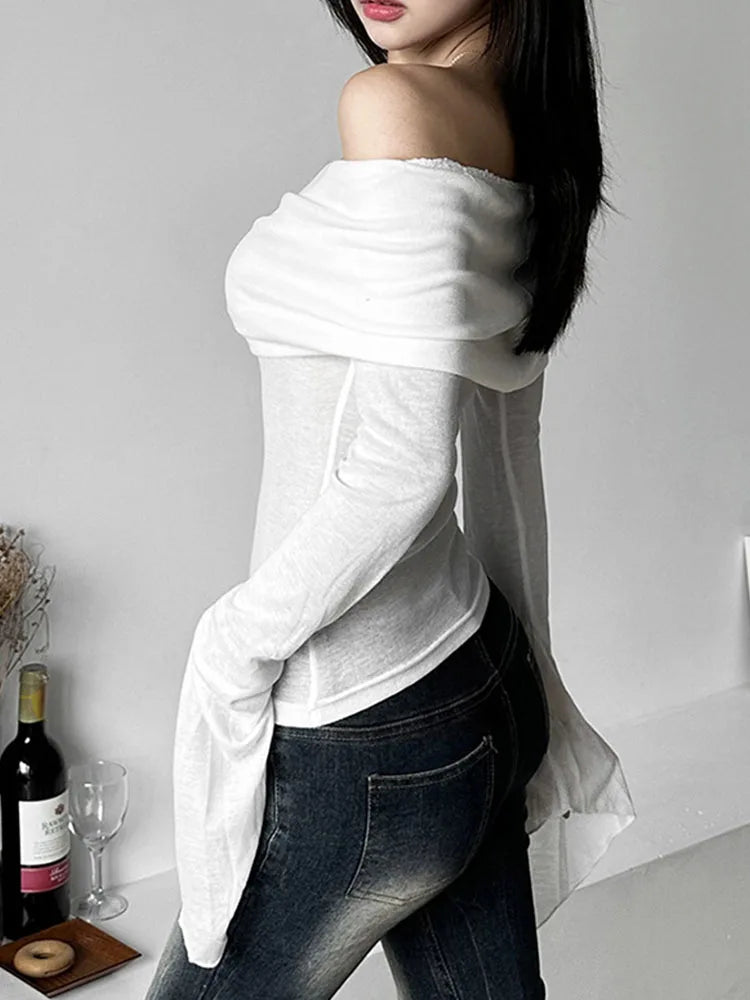 Y2k Aesthetic Simple Fashion Women’s Tee Shirts Slash Neck Long Sleeve Solid Casual T-Shirts Vintage Off Shoulder Trendy Tshirts