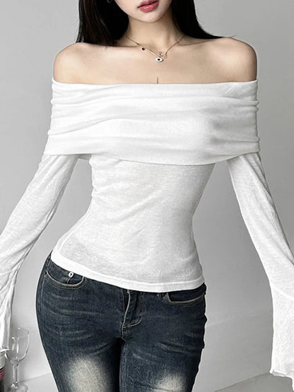 Y2k Aesthetic Simple Fashion Women’s Tee Shirts Slash Neck Long Sleeve Solid Casual T-Shirts Vintage Off Shoulder Trendy Tshirts