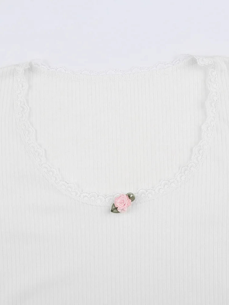 Top corto con ribete de encaje floral Y2k, camiseta informal básica de punto blanco ajustado con cuello redondo para mujer, camiseta elegante vintage de manga larga Harajuku para otoño