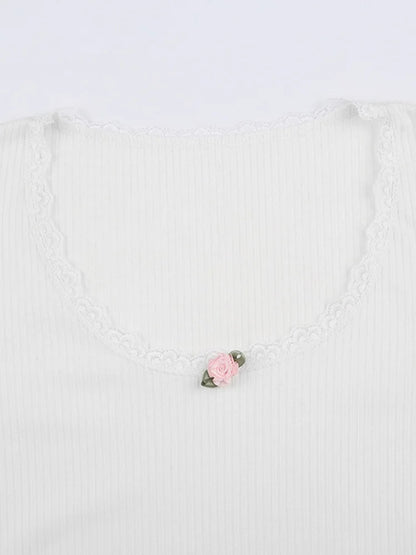 Top corto con ribete de encaje floral Y2k, camiseta informal básica de punto blanco ajustado con cuello redondo para mujer, camiseta elegante vintage de manga larga Harajuku para otoño