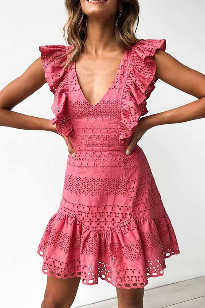 Minivestido liso con volantes y encaje calado