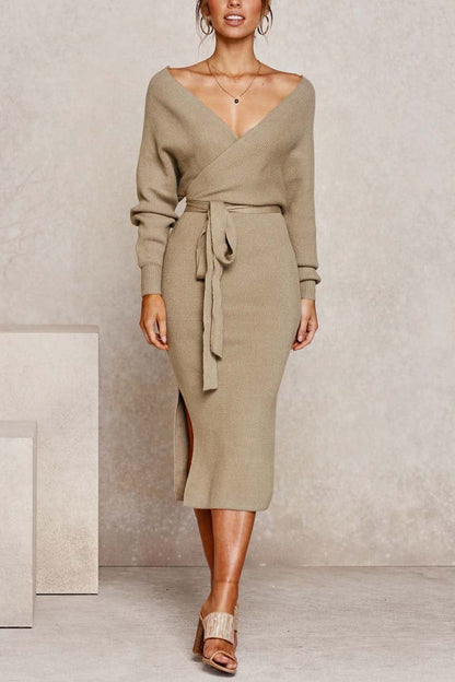 V Neck Backless Sweater Midi Dress(5 Colors)