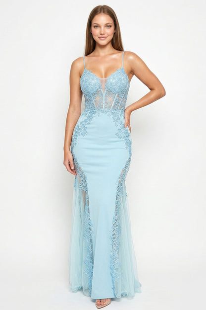 Symphony Dress - Flower Appliques On Mesh Trumpet/Mermaid Maxi Dress