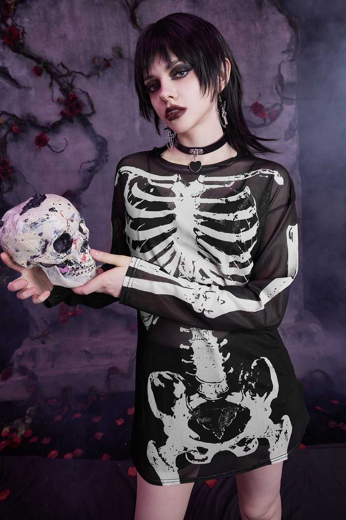 Dark Style Skull Print Mesh Knit Top