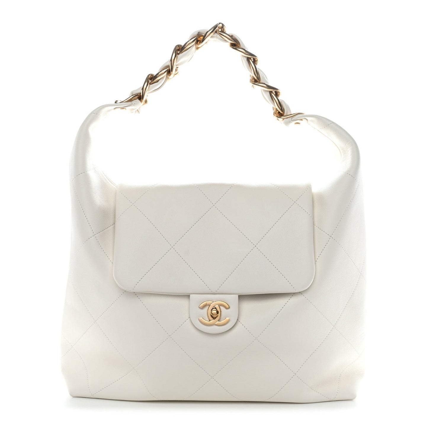 Calfskin Quilted Small Maxi Chain Hobo White