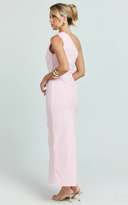 Karlie Midi Dress - One Shoulder Fitted Dress in Pink