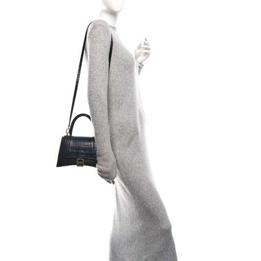 Shiny Calfskin Crocodile Embossed Small Hourglass Top Handle Bag Black