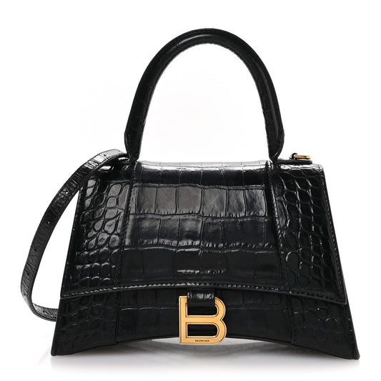 Shiny Calfskin Crocodile Embossed Small Hourglass Top Handle Bag Black