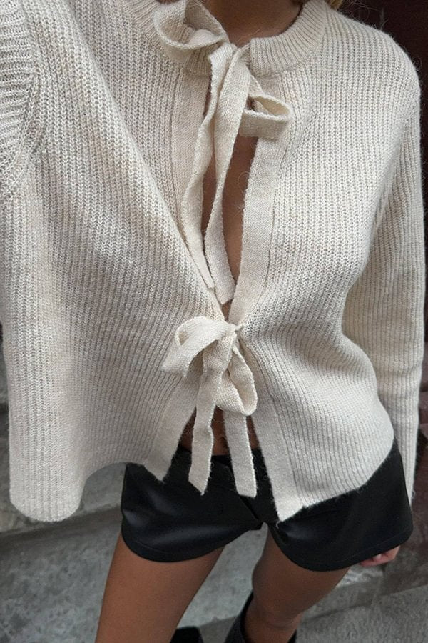 Cárdigan de punto con cordones, manga larga y holgado, de color liso