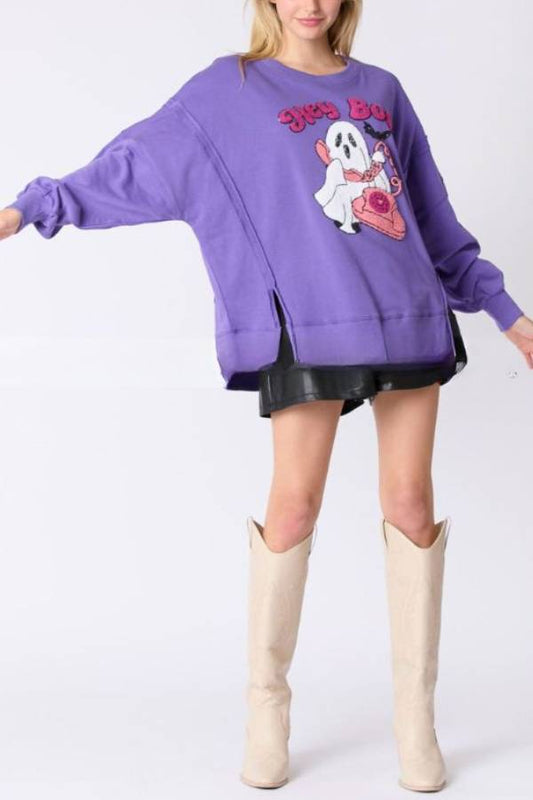 Sudadera informal con lentejuelas y fantasma de dibujos animados de Halloween 