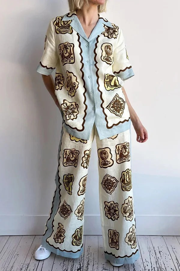 Pantalones anchos con bolsillo y cintura elástica con estampado único de mezcla de lino Lakeside Breeze