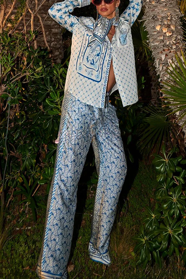 Conjunto de camisa holgada de manga larga y pantalón con cintura elástica con estampado único de dragón estilizado en satén