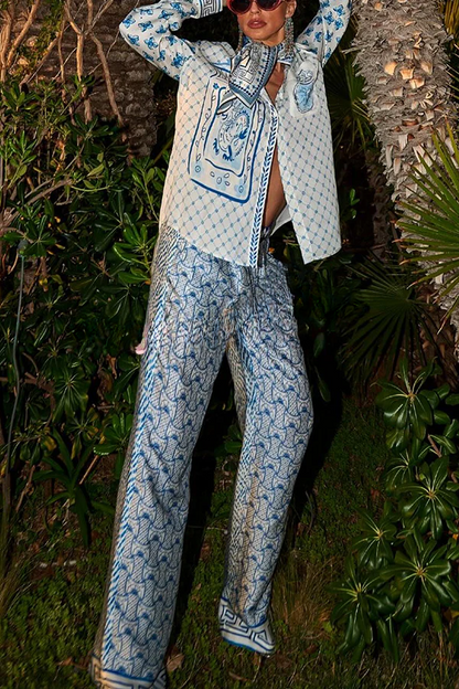 Conjunto de camisa holgada de manga larga y pantalón con cintura elástica con estampado único de dragón estilizado en satén