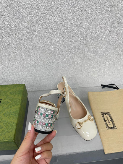 GG WOMEN'S HORSEBIT SLINGBACK IN WHITE CALFSKIN WITH RHINSTONES