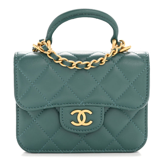 Lambskin Quilted Top Handle Flap Coin Purse With Chain Green