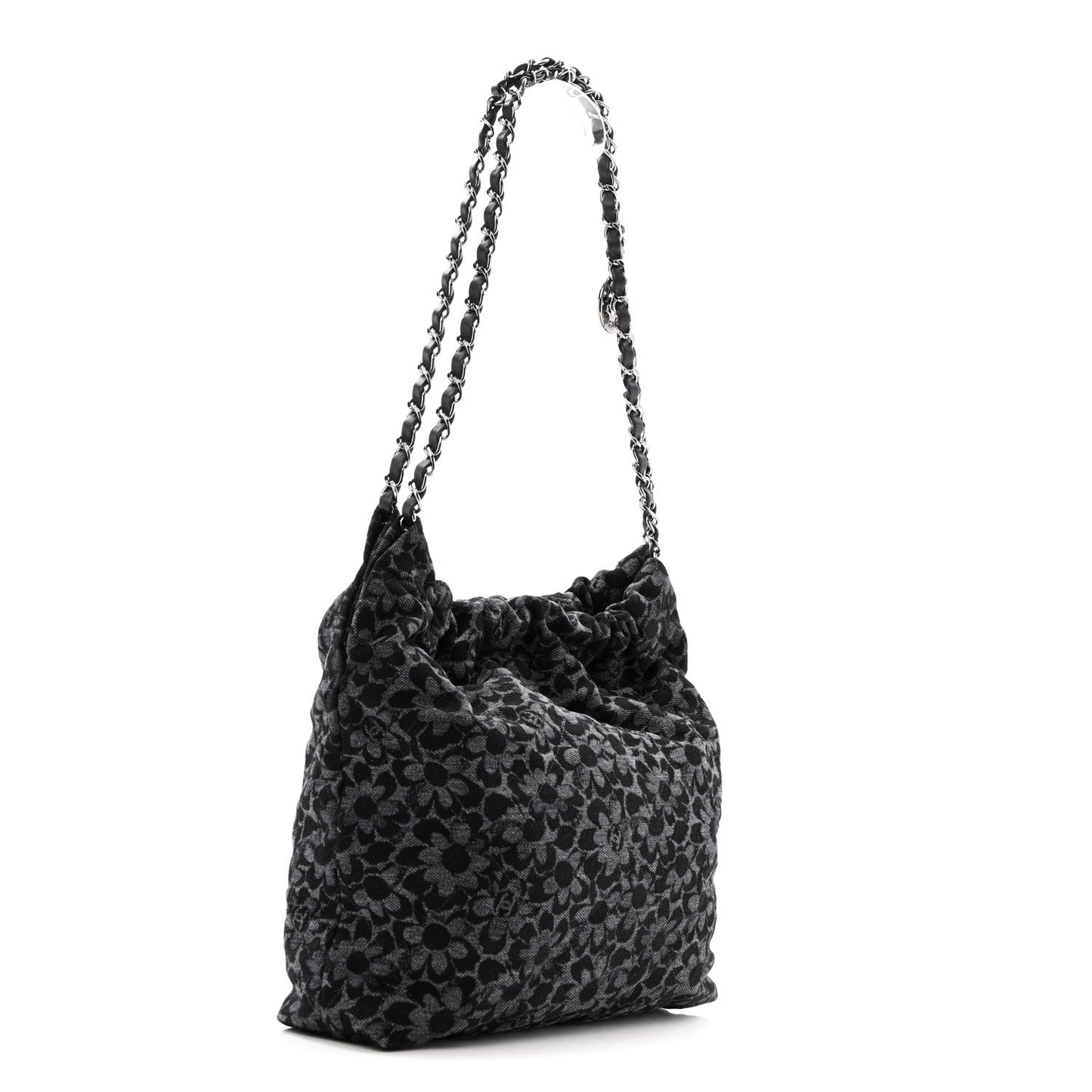 Denim Quilted Floral Print Small Chanel 22 Black