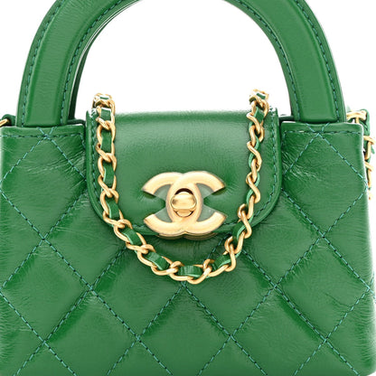 Shiny Aged Calfskin Quilted Mini Nano Kelly Shopper Green