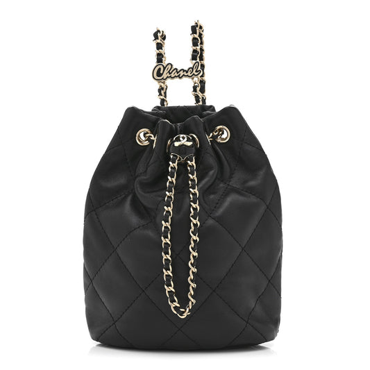 Shiny Lambskin Quilted Drawstring Backpack Black