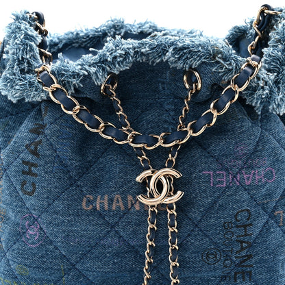 Denim Quilted Small Mood Bucket With Chain Blue Yellow Orange
