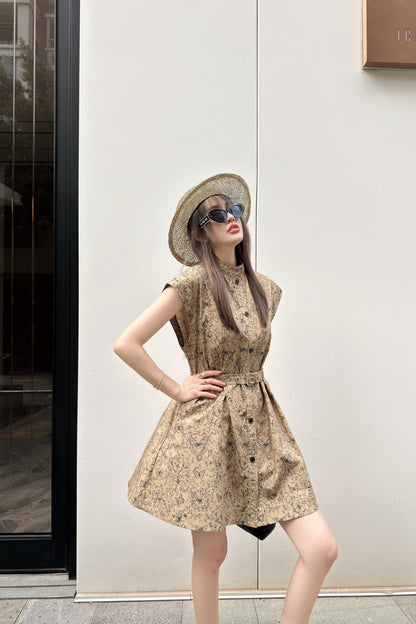 CD Short Belted Shirtdress Beige Cotton Gabardine with Black Motif