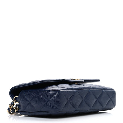 Caviar Quilted Flap Phone Holder With Chain Navy Blue