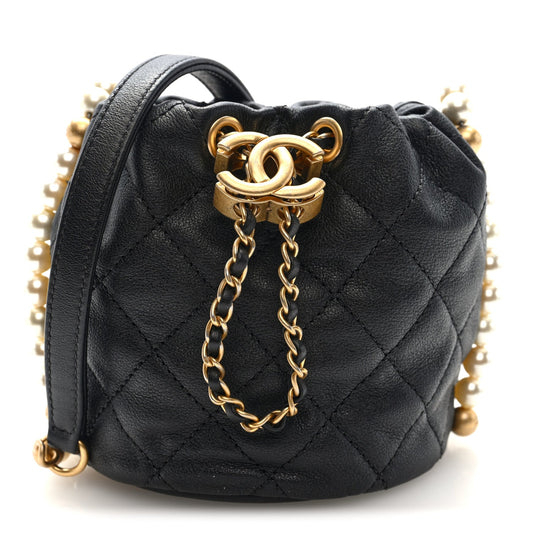 Calfskin Quilted Pearl Mini About Pearls Drawstring Bucket Bag Black