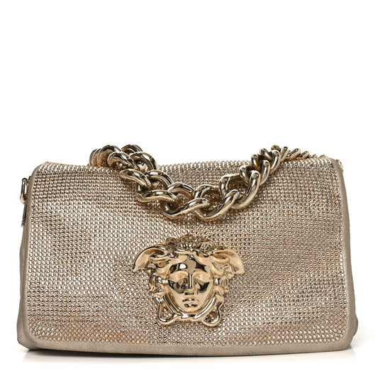 Suede Crystal Medusa Sultan Evening Bag Gold