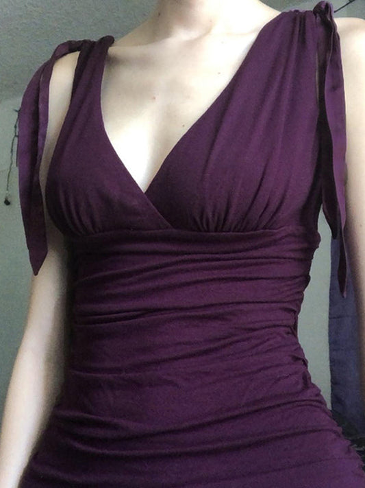Solid Color Vintage Purple Crossover V-Neck Tank Top