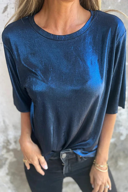 Camiseta holgada de manga corta con cuello redondo y color sólido metalizado