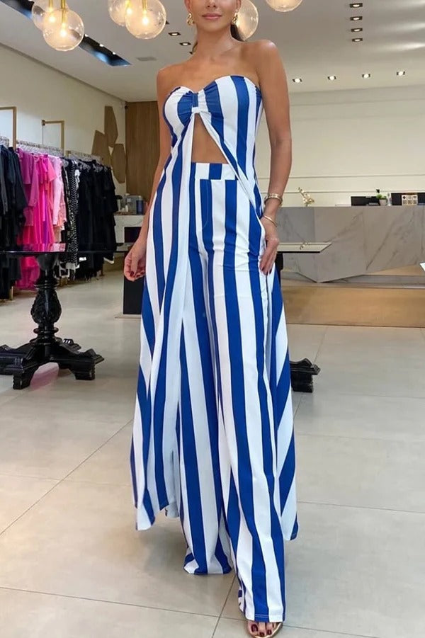 Conjunto de top largo informal con hombros descubiertos y estampado de rayas y pantalones rectos con bolsillos sueltos