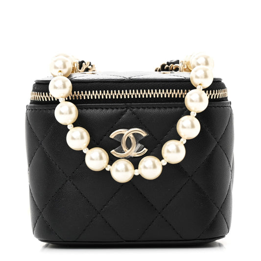 Lambskin Quilted Mini Vanity Case With Pearl Chain Black