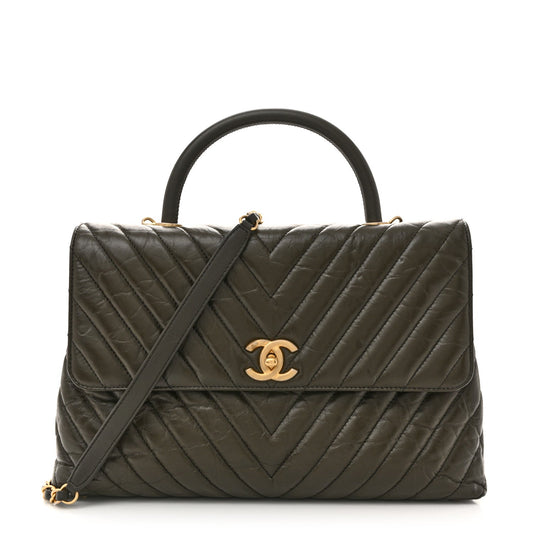 Calfskin Chevron Quilted Medium Coco Handle Flap Green