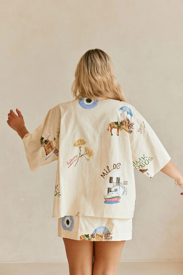 Conjunto de minifalda cruzada de tiro alto y camisa de manga corta con estampado único de mezcla de lino Kea