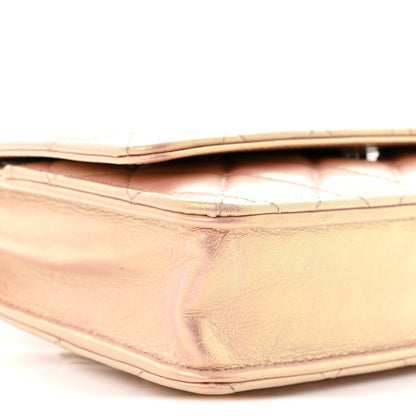 Iridescent Calfskin Quilted Wallet On Chain WOC Pink