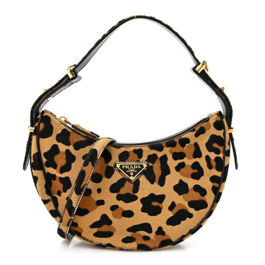 Calf Hair Leopard Print Arque Shoulder Bag Honey